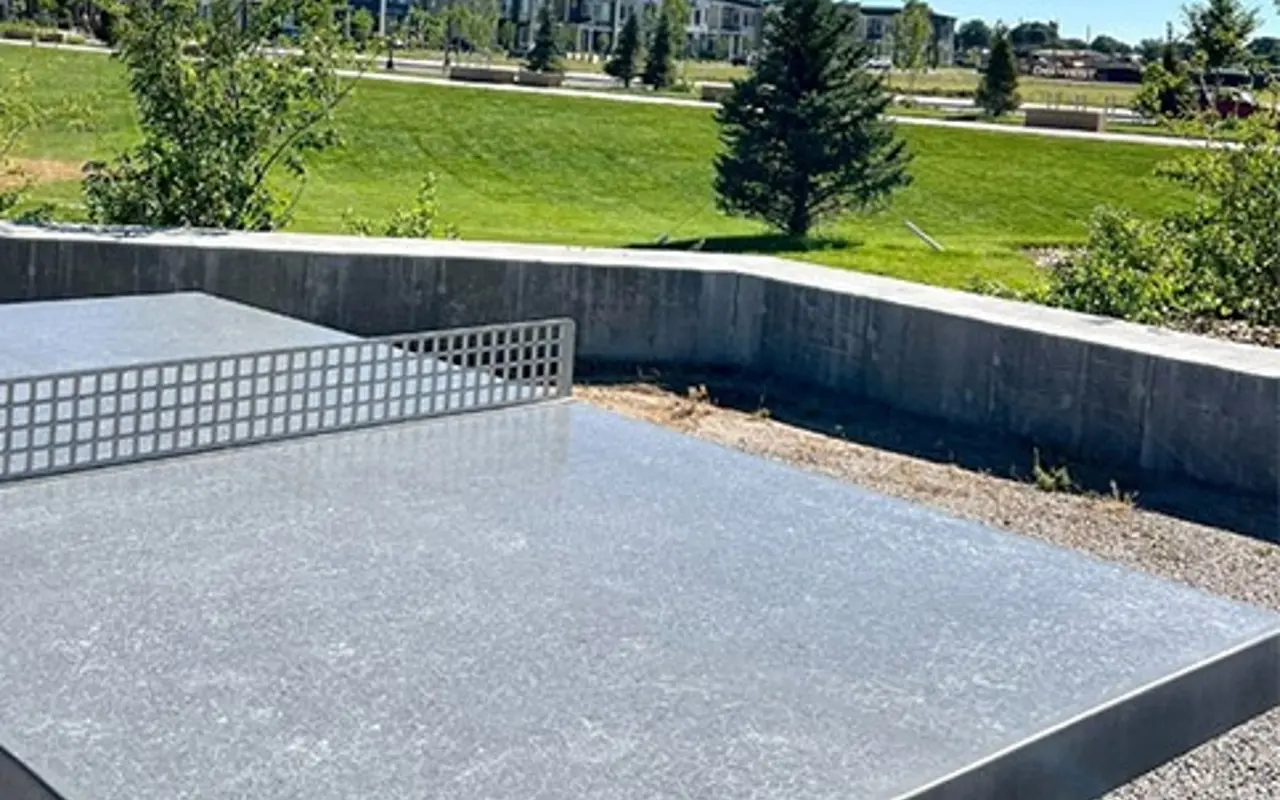 An outdoor ping pong table made of stone, set in a park-like environment with green grass and shrubs in the background.