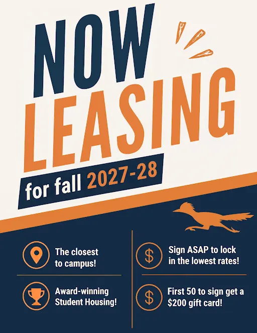 Now Leasing for Fall 2027-28 Promotional image advertising student housing availability for fall 2027-28 with key details.