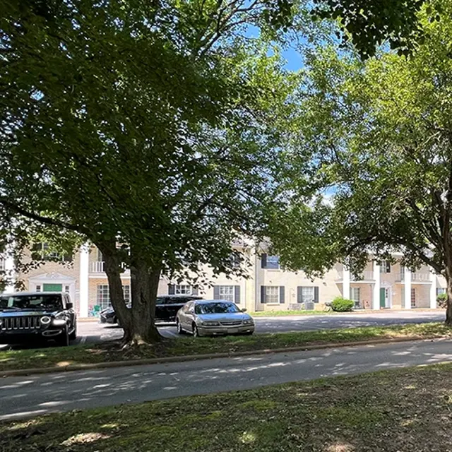 A view of a tree-lined street with parked cars. In the foreground, two large trees frame the scene. In the background, there are residential buildings with balconies. The sky is clear and blue, indicating a sunny day.