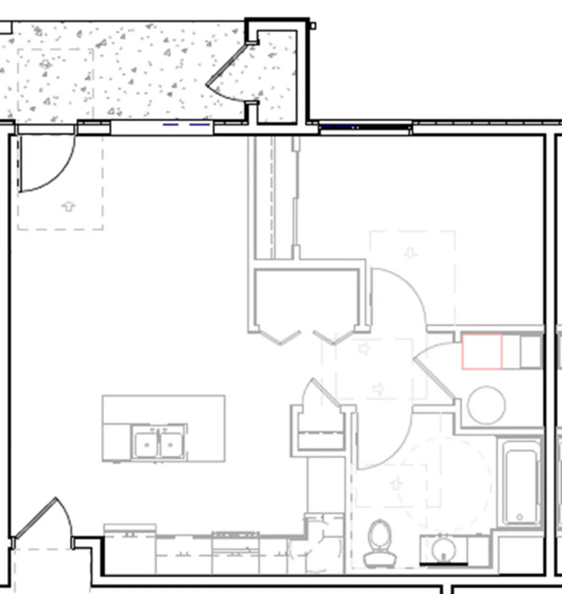 One-Bedroom Apartment Floor Plan A floor plan of a one-bedroom apartment showing various rooms including a kitchen, living area, bathroom, and an entryway.