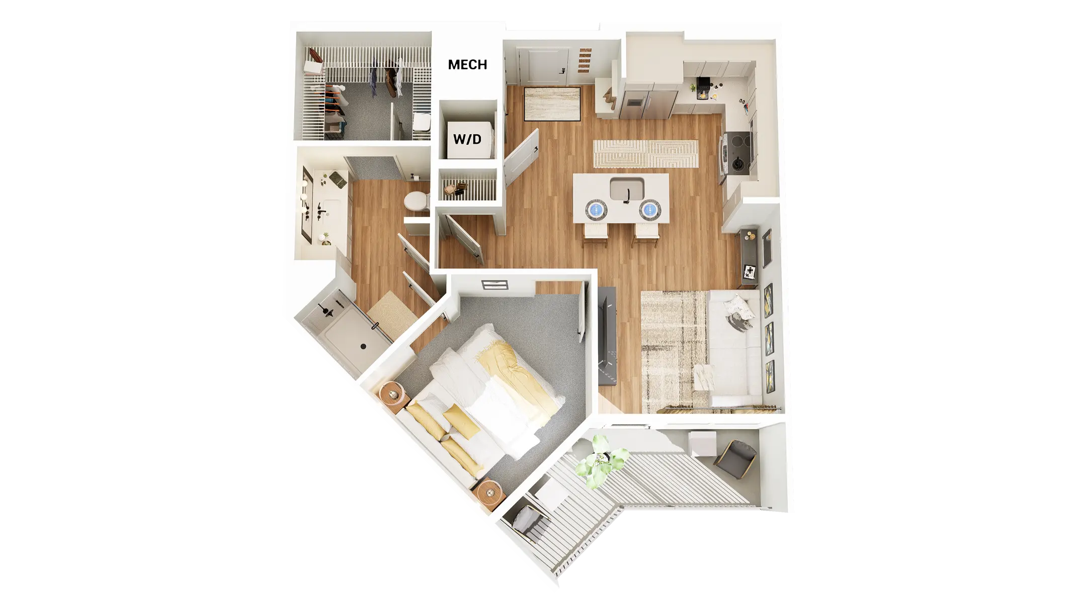 A top-down view of a modern apartment floor plan featuring a living area, kitchen, bedroom, and bathroom, with labeled sections for mechanical and washer/dryer areas.