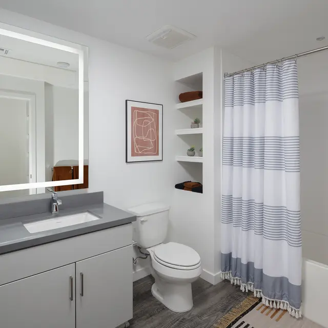 A modern bathroom featuring a large mirror, a grey countertop with a sink, a white toilet, a shower curtain with blue stripes, and decorative shelving units.