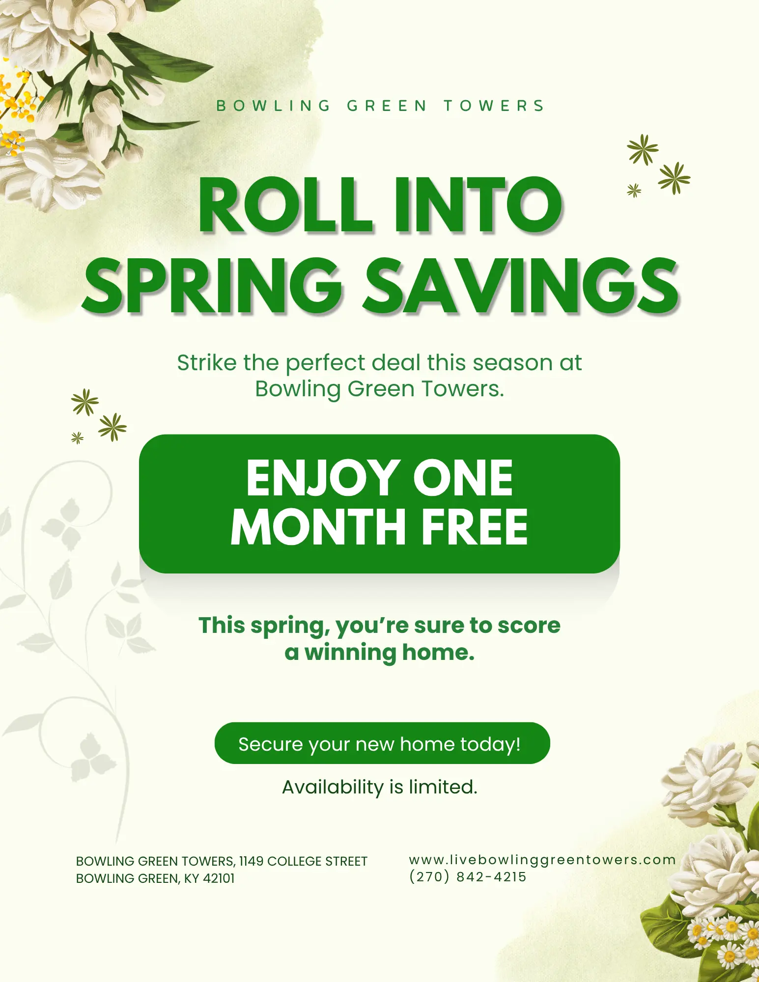 Promotional flyer for Bowling Green Towers highlighting a one month free deal for new residents during spring.