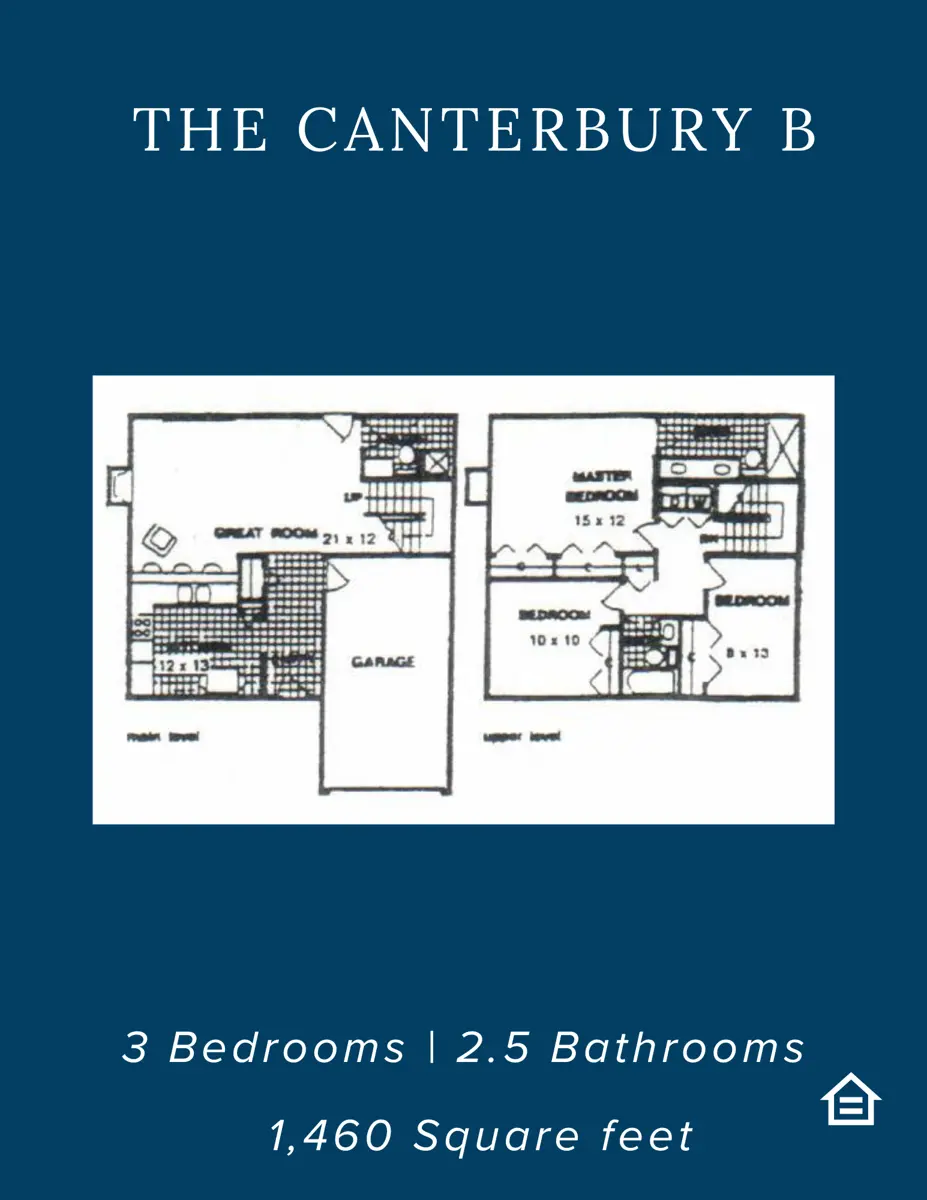 Blueprint of The Canterbury B home layout showing main and upper levels, including rooms and garage.