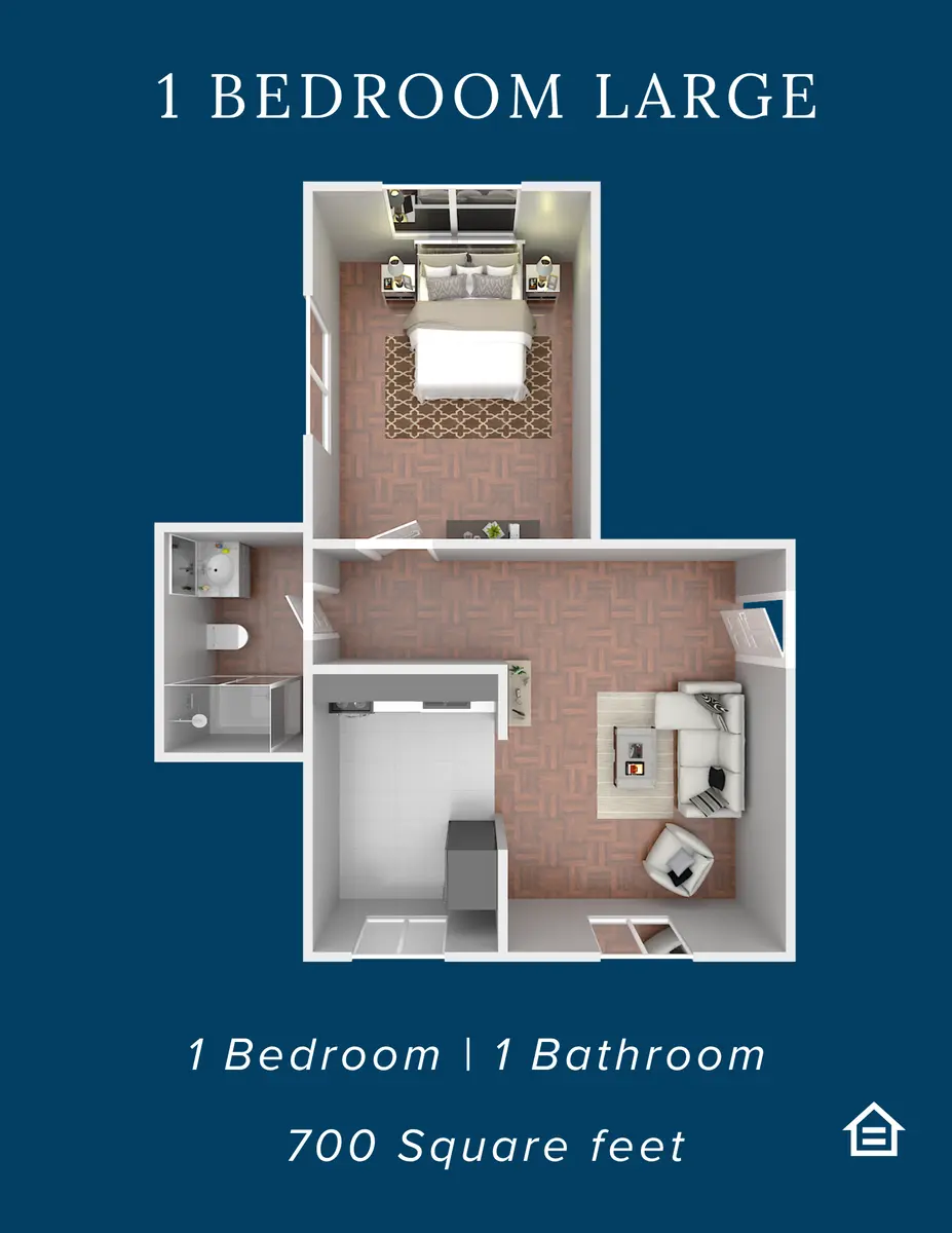 An architectural rendering of a floor plan for a large one-bedroom apartment. The layout features separate spaces for a bedroom, bathroom, and living area with a kitchen.
