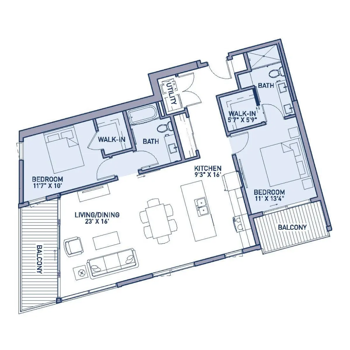 Blueprint of a two-bedroom apartment layout featuring a living/dining room, kitchen, two bedrooms, two bathrooms, and two balconies.
