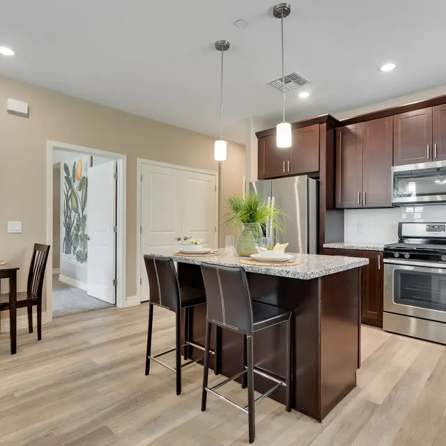 A modern kitchen with dark wood cabinetry, stainless steel appliances, and a breakfast bar. There is a dining area with a wooden table and chairs near the entrance, and a large window with natural light.