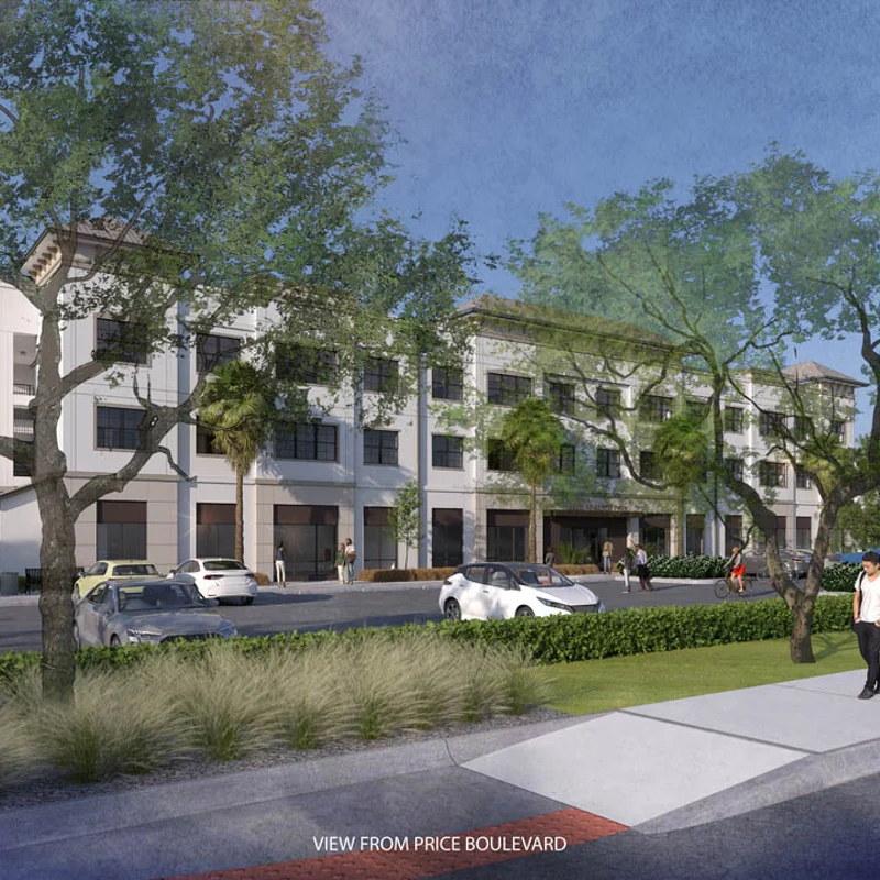 An architectural rendering of a three-story building along a street, featuring large windows and greenery. Pedestrians and cyclists are present, with vehicles parked along the curb.