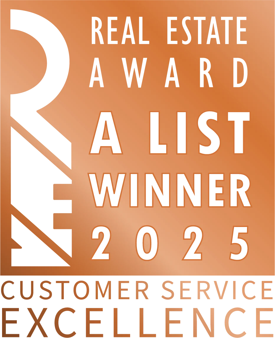 A badge design featuring a logo and text declaring a real estate award for customer service excellence, with an A List Winner designation for 2025.