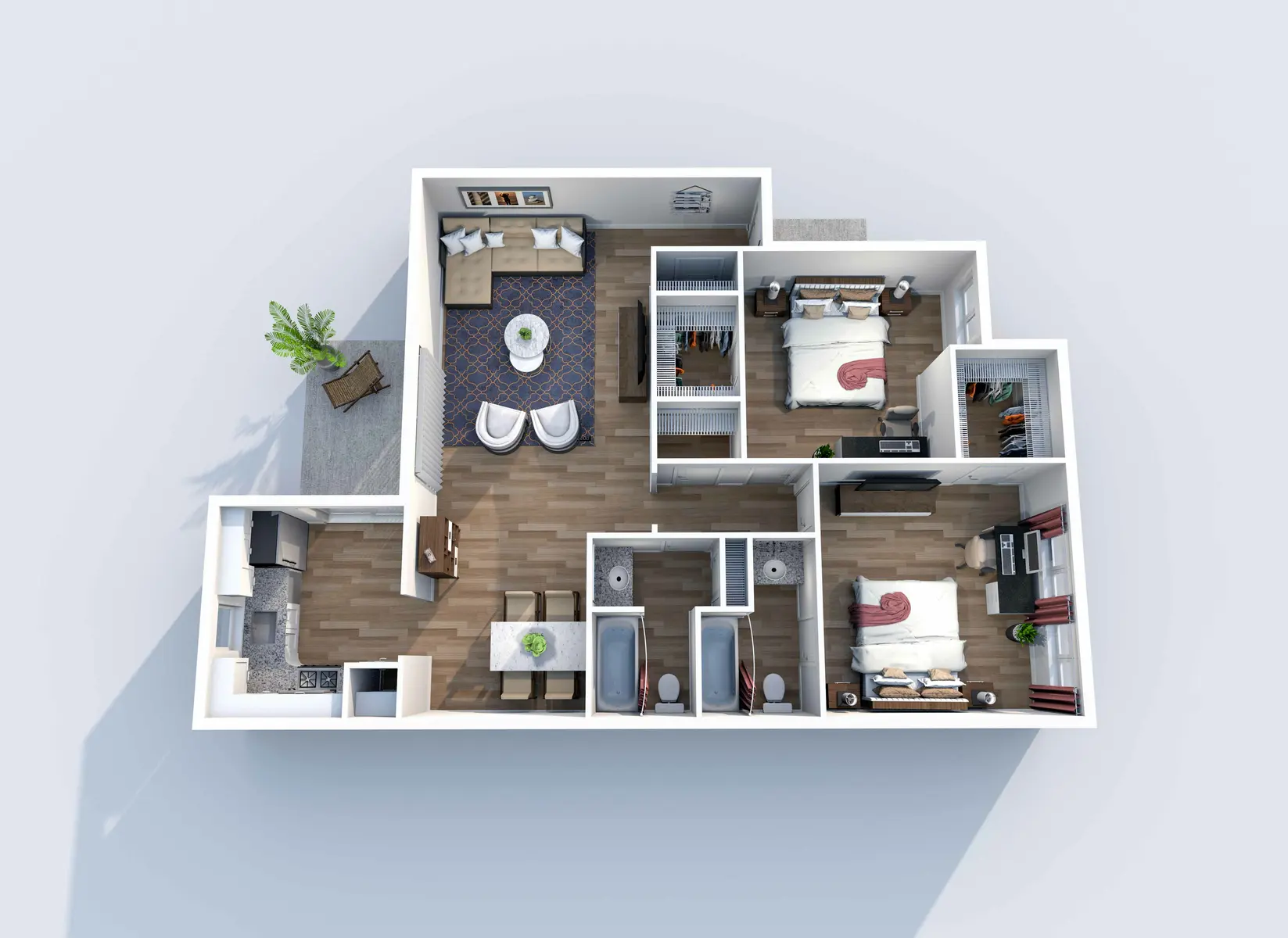3D top-down view of a furnished one-bedroom apartment floorplan with labeled rooms.