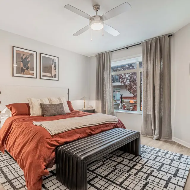 A cozy modern bedroom featuring a king-sized bed with an orange duvet and decorative pillows, a black wooden bench at the foot of the bed, a nightstand with a lamp, and framed artwork on the wall. Large windows with sheer curtains provide natural light, and a potted plant adds a touch of greenery.