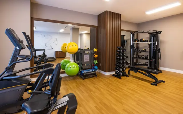 A modern gym interior featuring various exercise equipment including cardio machines, dumbbells, and stability balls. The space has wooden flooring and a contemporary design with a mirror in the background.