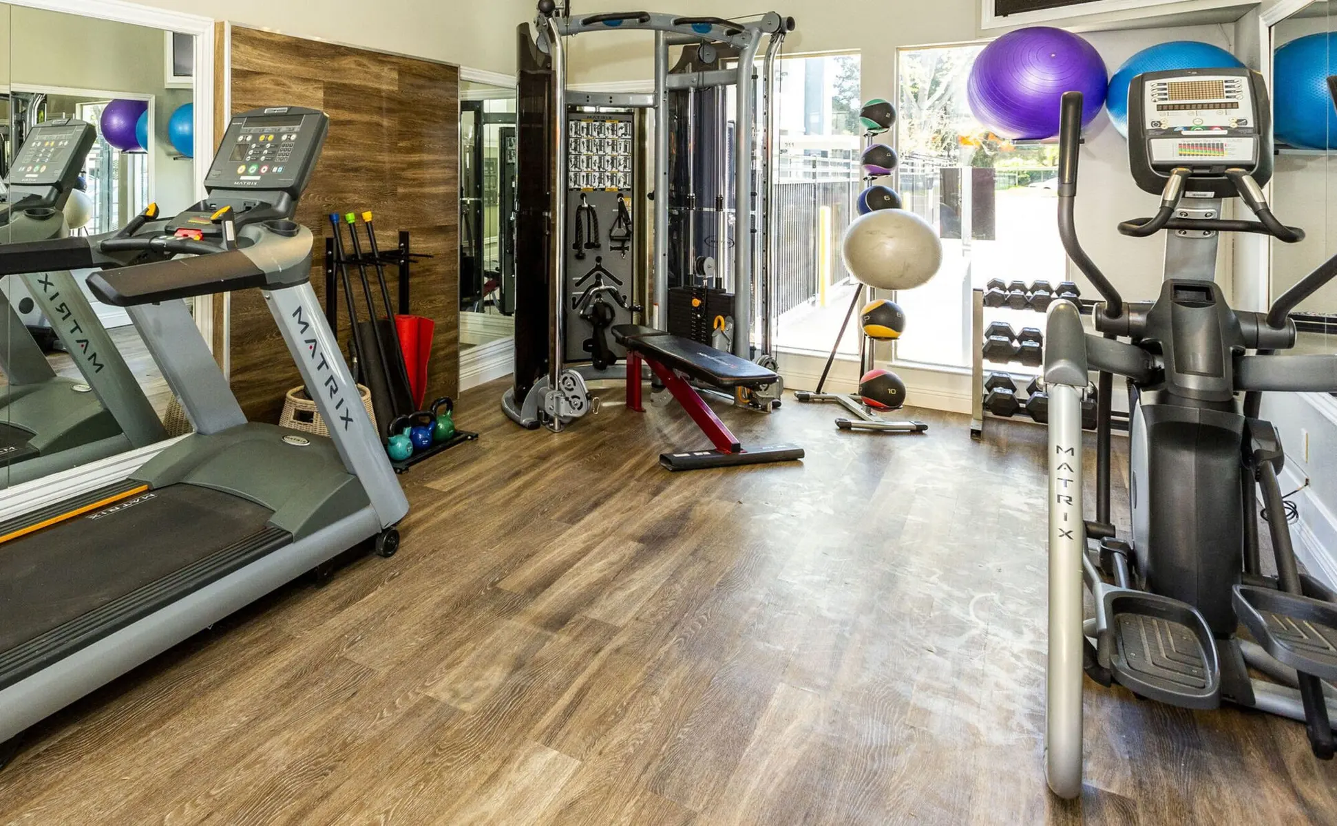 A modern home gym equipped with a treadmill, elliptical machine, multi-gym station, weights, exercise balls, and a wooden floor.