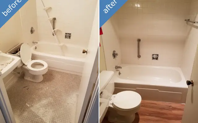 Side-by-side comparison of a bathroom before and after renovation. The left side shows a dirty bathroom with a toilet and bathtub in poor condition. The right side shows a clean, renovated bathroom with a modern bathtub and toilet.