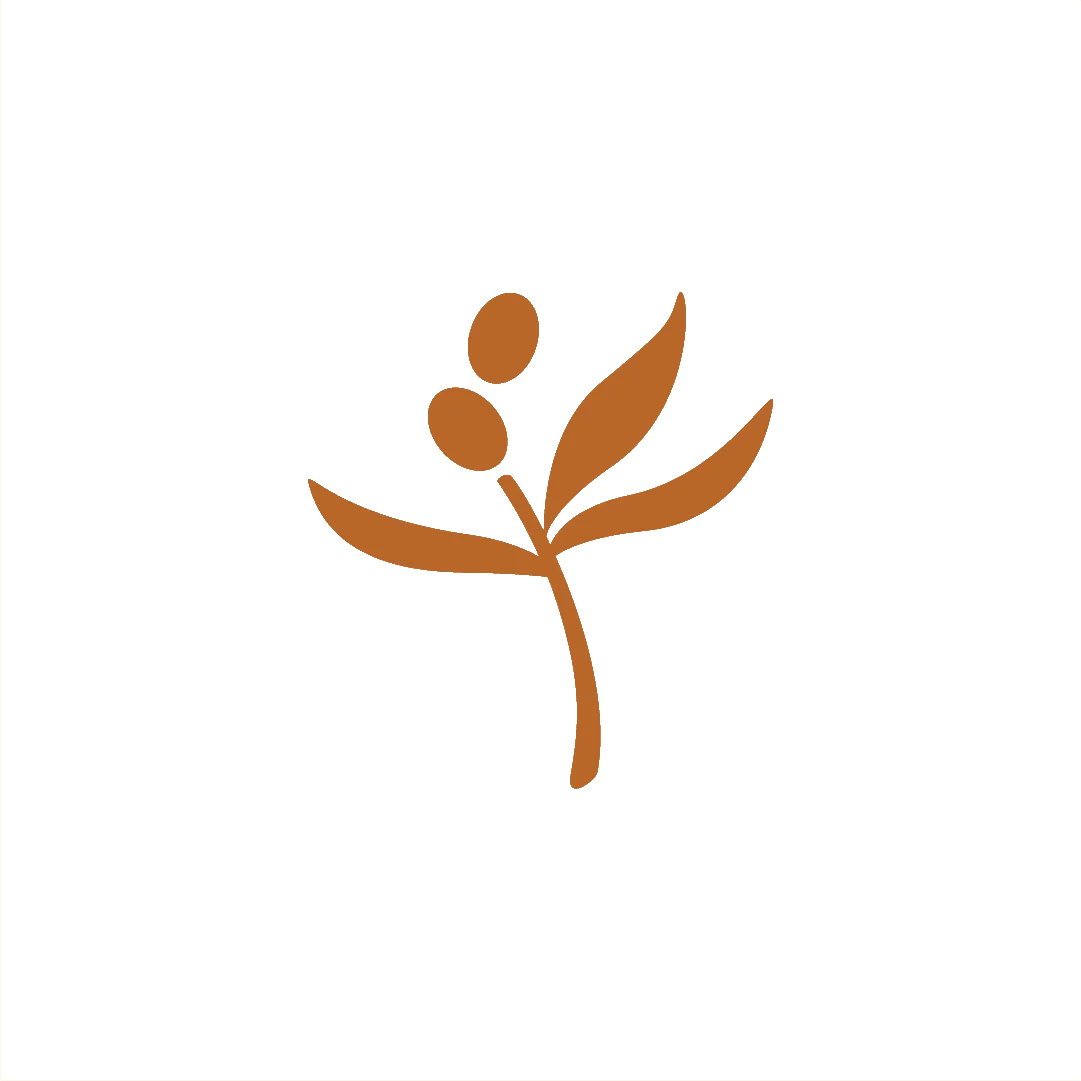 A minimalist floral design featuring two leaves and two small circular shapes resembling berries, all rendered in a vibrant orange color on a green background.