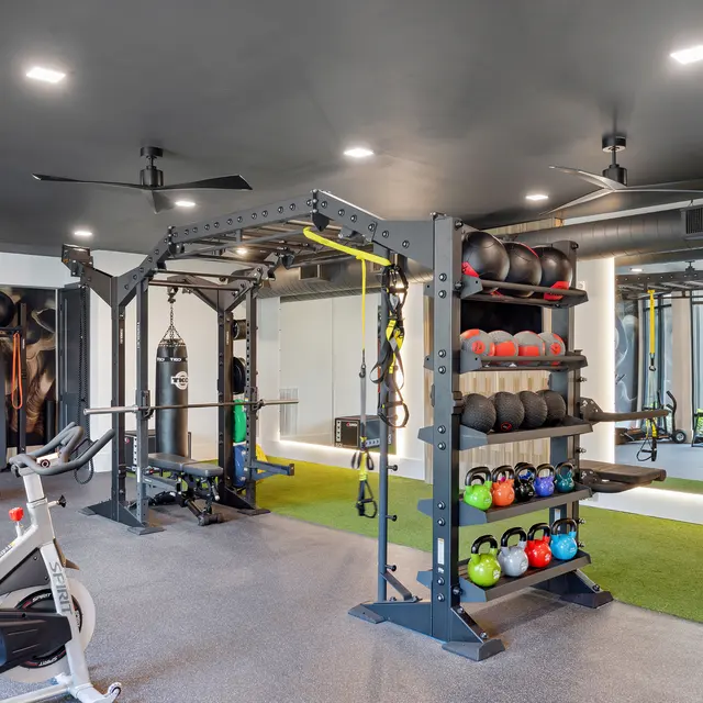 A well-equipped modern gym featuring various fitness machines, free weights, and a green turf area. The gym has a sleek design with a black ceiling and colorful workout equipment arranged neatly.
