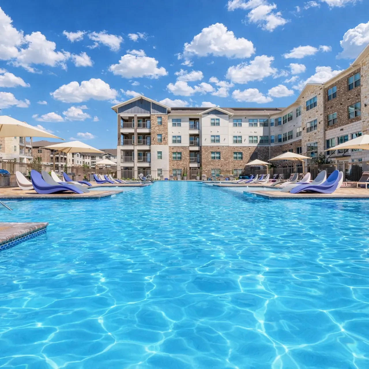 Luxury Apartment Pool Area A bright blue swimming pool surrounded by modern apartment buildings and lounge chairs under umbrellas.