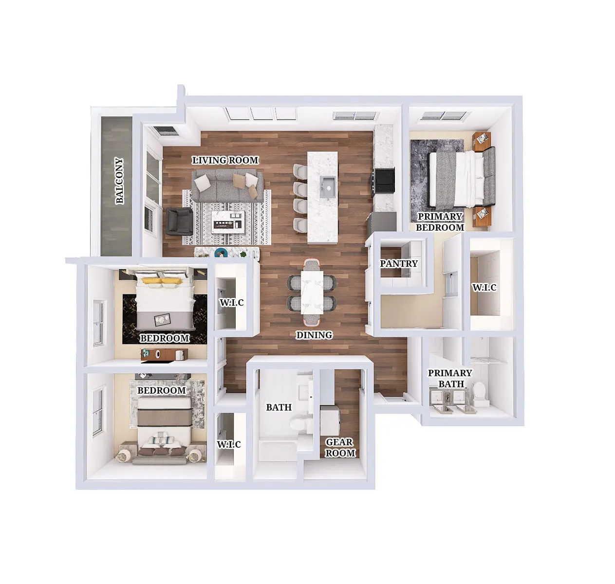 House Floor Plan A labeled floor plan of a house featuring a living room, dining area, kitchen, pantry, three bedrooms, a primary bedroom with an attached bath, a gear room, and a balcony.