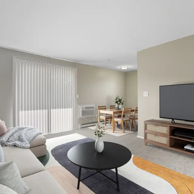 A modern living room featuring a light-colored sofa with decorative pillows, a circular black coffee table, and a television on a wooden stand. There’s a dining area with wooden chairs in the background, and sliding glass doors allow natural light to enter. The floor is carpeted in light gray, with an abstract rug beneath the coffee table.