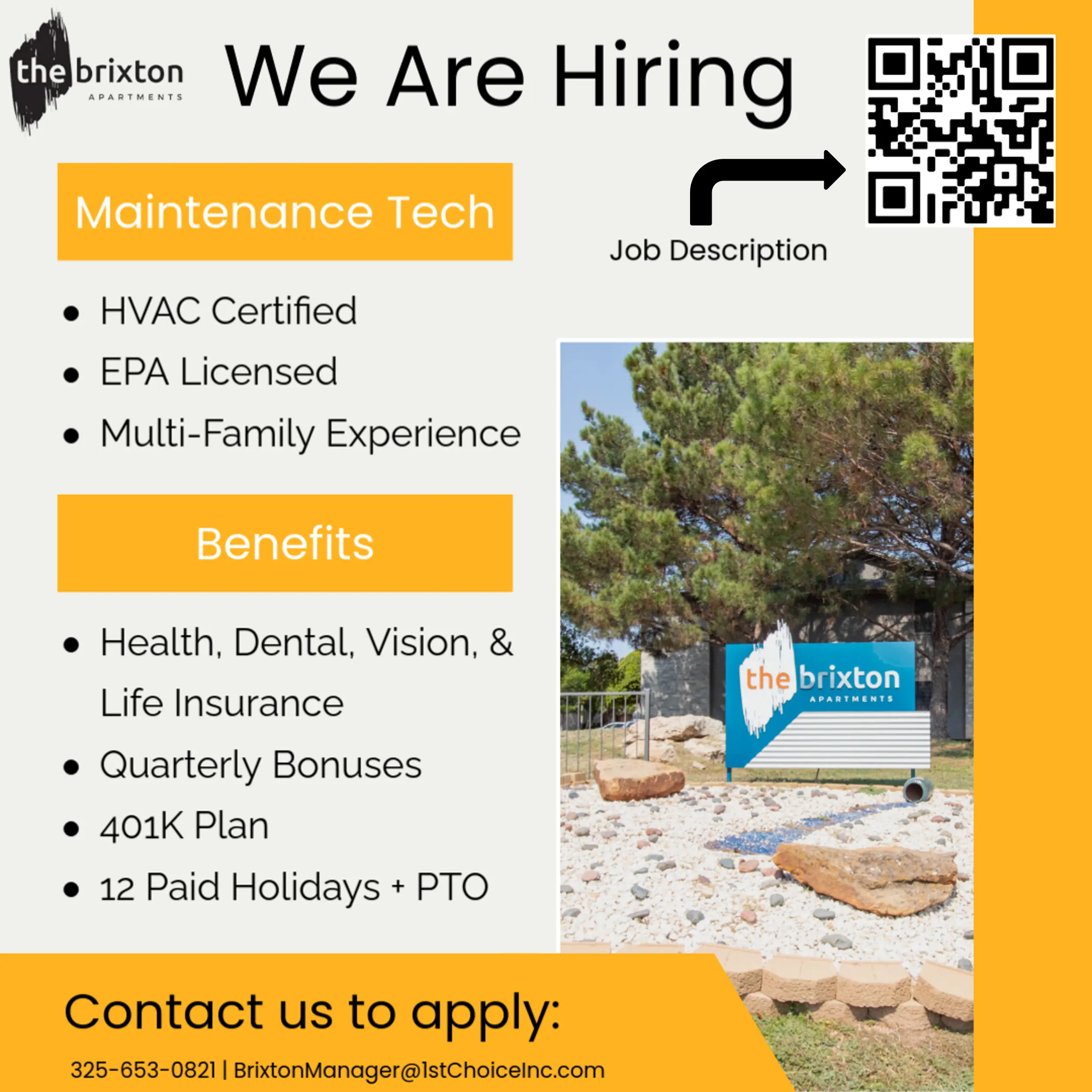 Hiring advertisement for Maintenance Technician position at The Brixton Apartments listing qualifications and benefits.