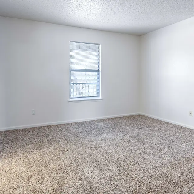 A spacious empty room with light-colored walls, carpeted floor, and a window letting in natural light.