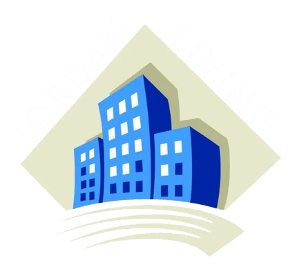 Logo of Jordan Living featuring stylized blue buildings and text.