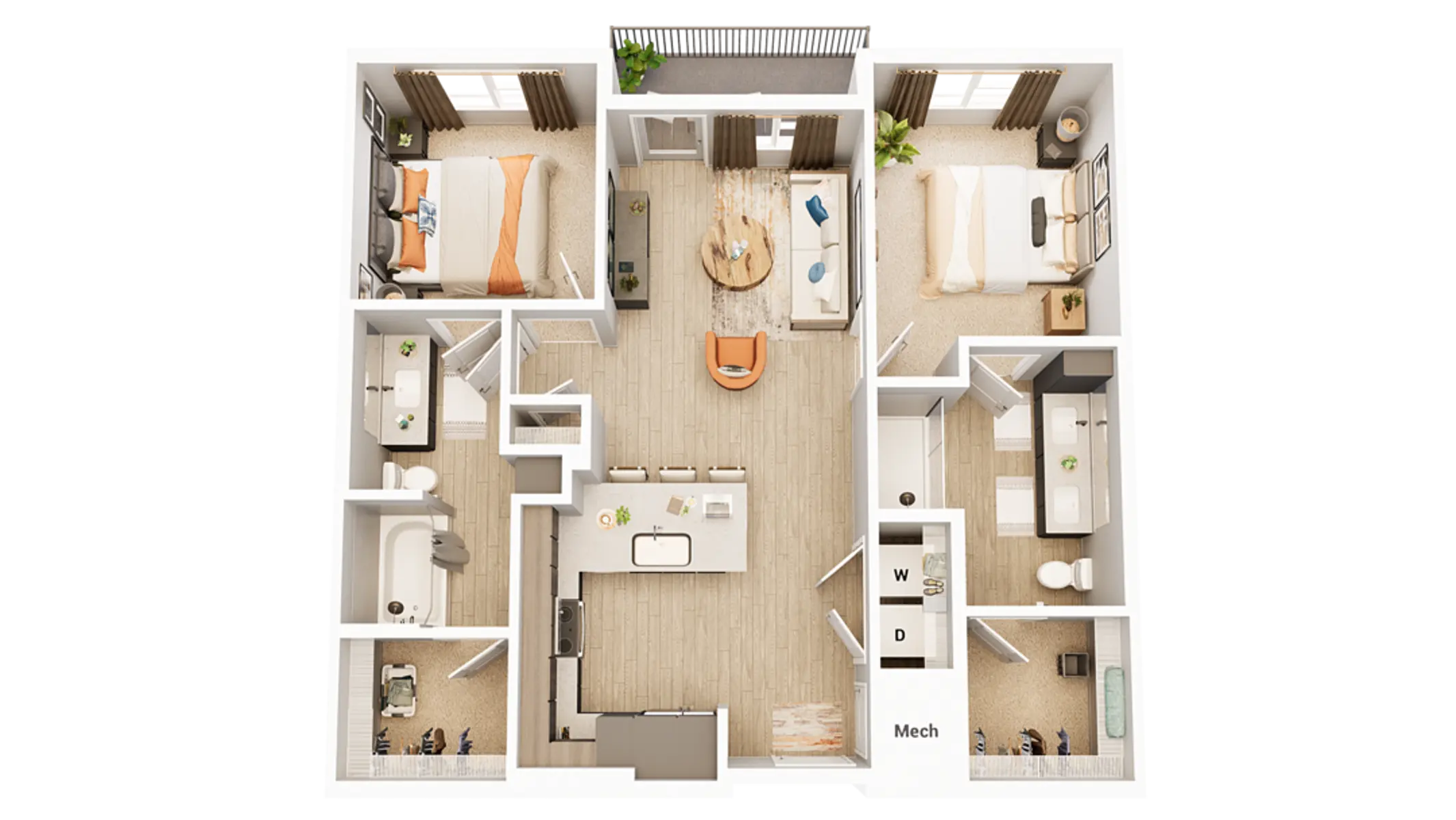 A detailed floor plan of a two-bedroom apartment featuring an open living area, kitchen, and two bathrooms. Each bedroom is furnished with two beds, and there is a dining space.