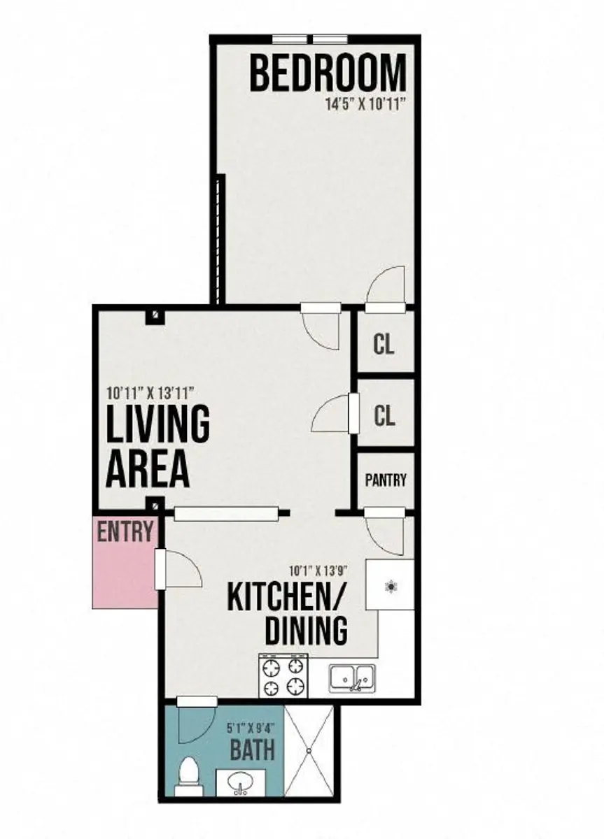 One-Bedroom Apartment Floor Plan A floor plan of a small apartment layout displaying a Bedroom, Living Area, Kitchen/Dining, and Bath. The Bedroom measures 14'5" x 10'11", the Living Area is 10'11" x 13'11", the Kitchen/Dining is 10'11" x 13'9", and the Bath is located in the corner with labeled entries.