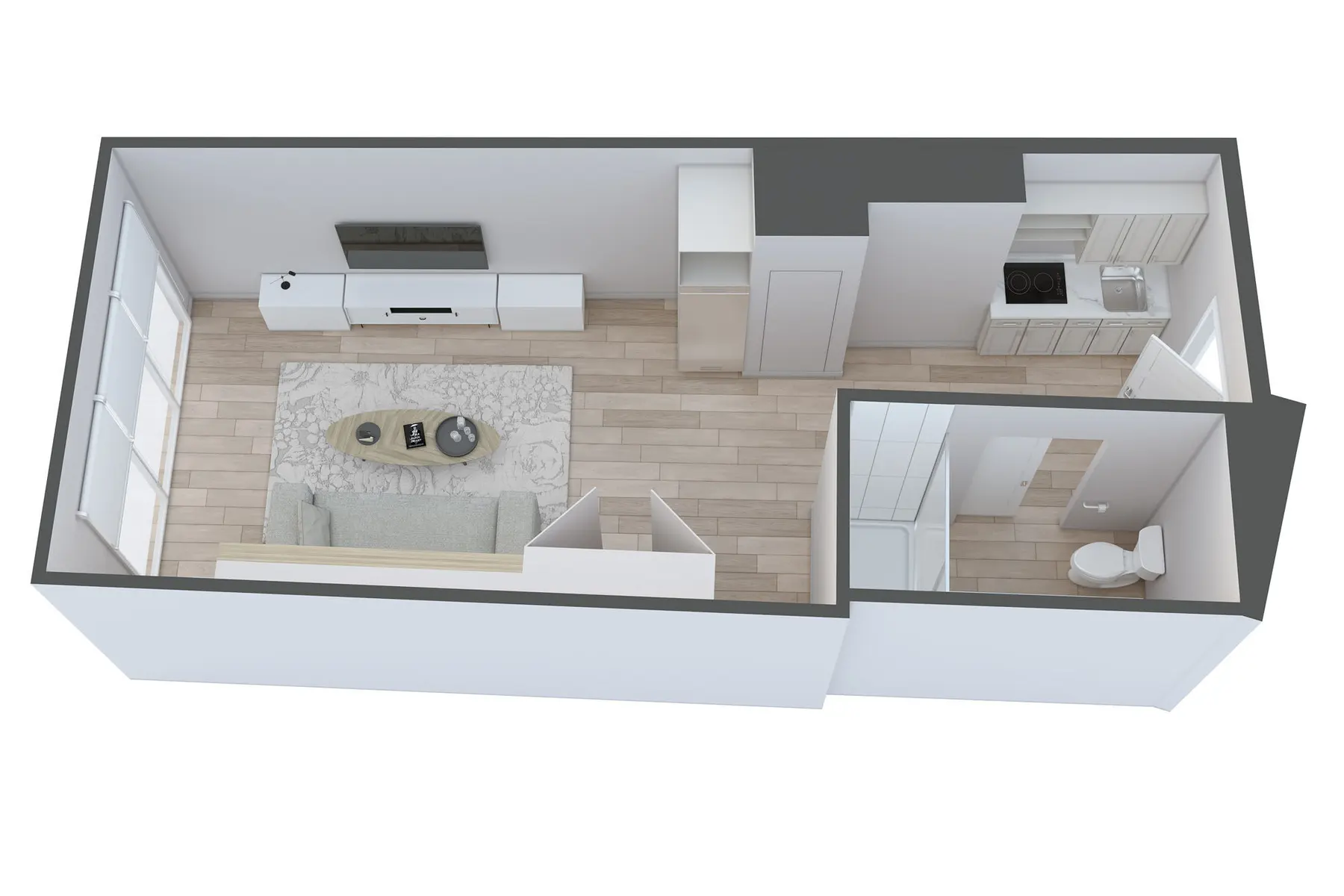 Top-down view of a modern apartment layout featuring a living area with a couch and coffee table, a kitchenette, a bathroom, and large windows.