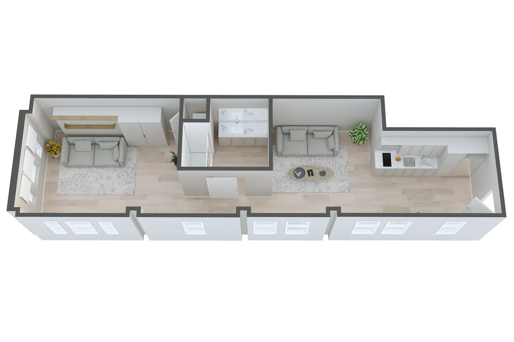 A top-down view of a modern apartment layout featuring two living areas, a kitchen, and a bathroom.