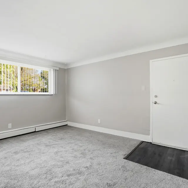 A spacious, empty room with light gray walls and carpet. Large window with blinds on one wall. The entrance door is visible on the right side.