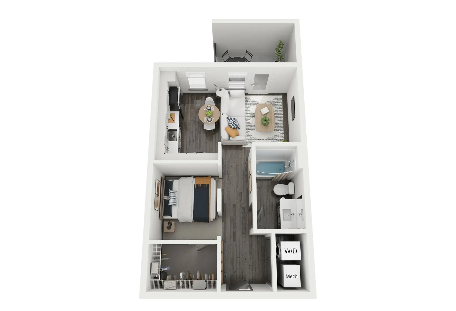 A floor plan of a modern apartment featuring a living area, kitchen, bedroom, bathroom, and laundry/mechanical space.