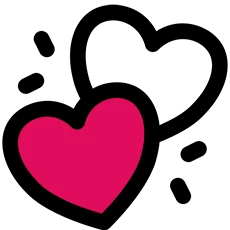 Two hearts, one red and one outlined, with playful embellishments around them.
