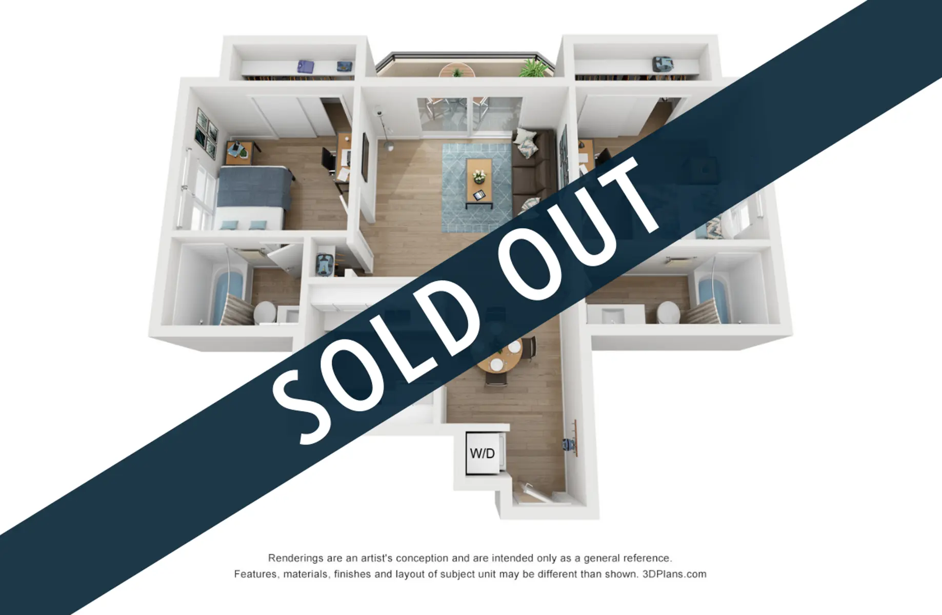 A 3D rendering of an apartment floor plan with a 'SOLD OUT' overlay. The layout features multiple rooms including a living area and bedrooms, with modern furnishings.