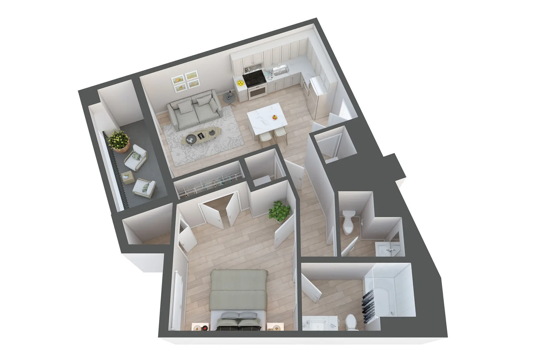 A 3D rendering of a modern apartment layout featuring a living area, kitchen, bathroom, and bedroom.