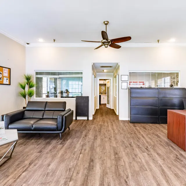 A modern office interior featuring a leather sofa, wooden flooring, a palm plant, and a reception desk with a wooden cabinet. The space is well-lit with natural light and has a stylish, professional atmosphere.