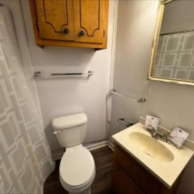 A small bathroom featuring a white toilet, a beige sink with wooden cabinetry, a wall mirror, and a patterned shower curtain. There is an overhead wooden cabinet and a towel rack on the wall.