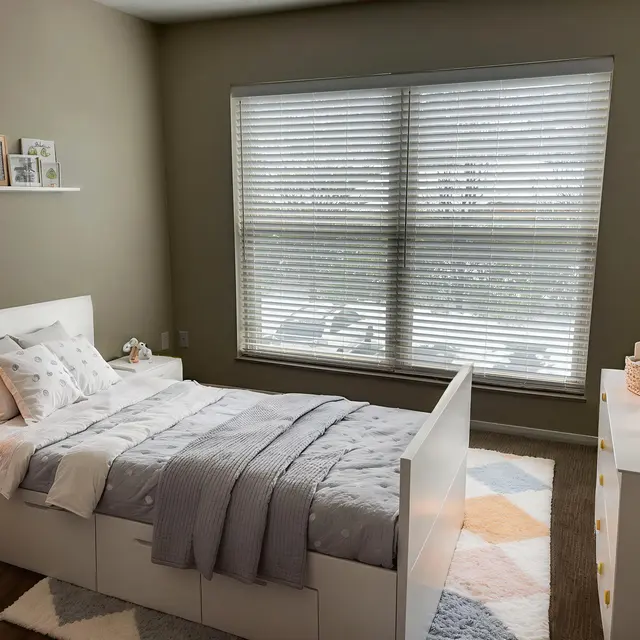 A modern bedroom featuring a white bed with gray bedding, a dresser with colorful drawers, and large windows with blinds letting in natural light.
