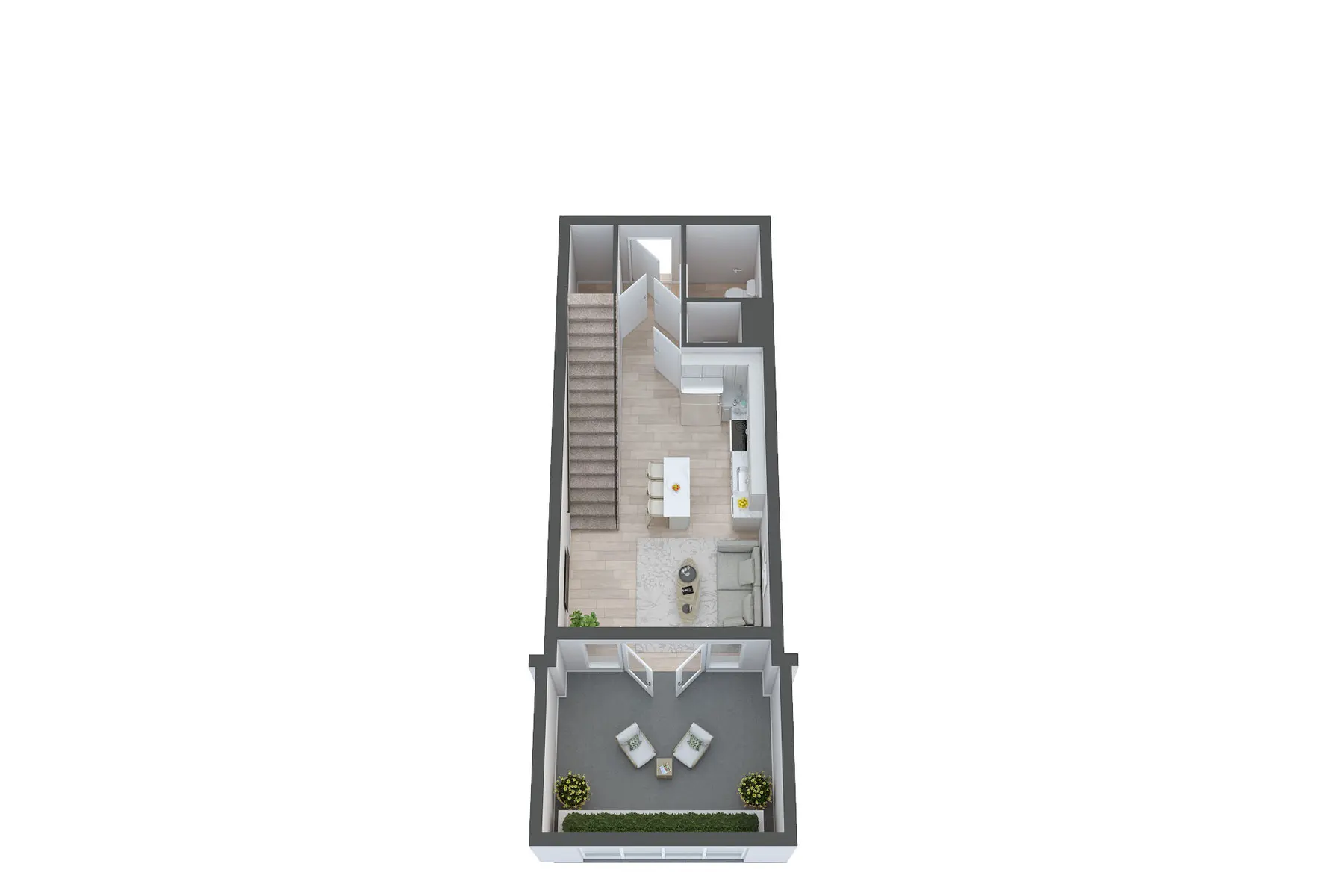 Modern Apartment Floor Plan A digital floor plan of a modern apartment showing living spaces and a patio area.