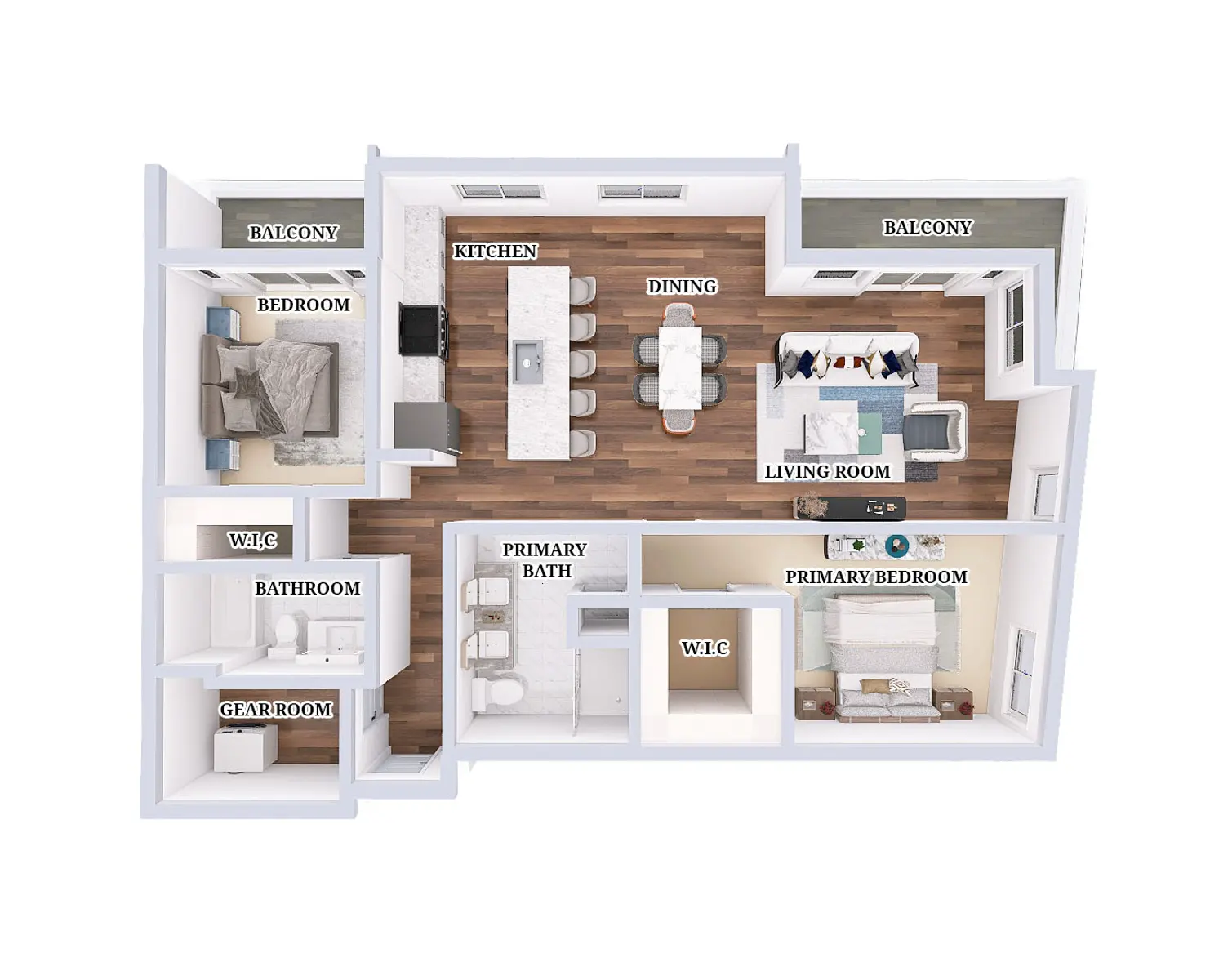 Floor plan of an apartment layout including rooms labeled as balconies, kitchen, dining area, living room, primary bedroom, primary bath, bathroom, guest room, and two walk-in closets.