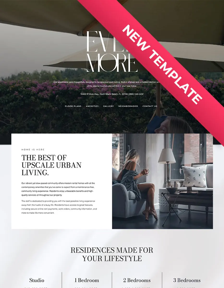 A modern web template showcasing upscale urban living features, with sections for home description and residence types.