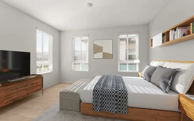 bedroom area with 3 windows, floating shelf, media stand, and nightstands at apartment in Ewa Beach, HI - Bedroom, Room, Indoors