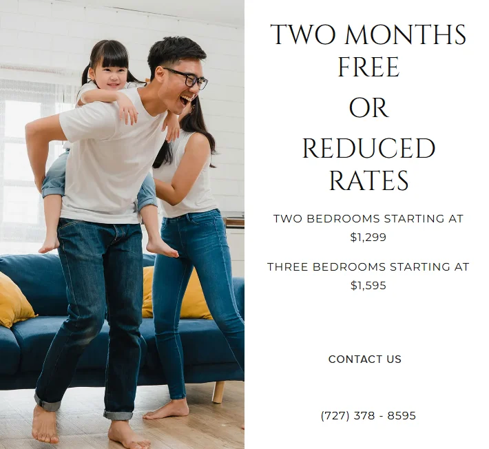A family with a child playing in a stylish living room, promoting an apartment rental offer.