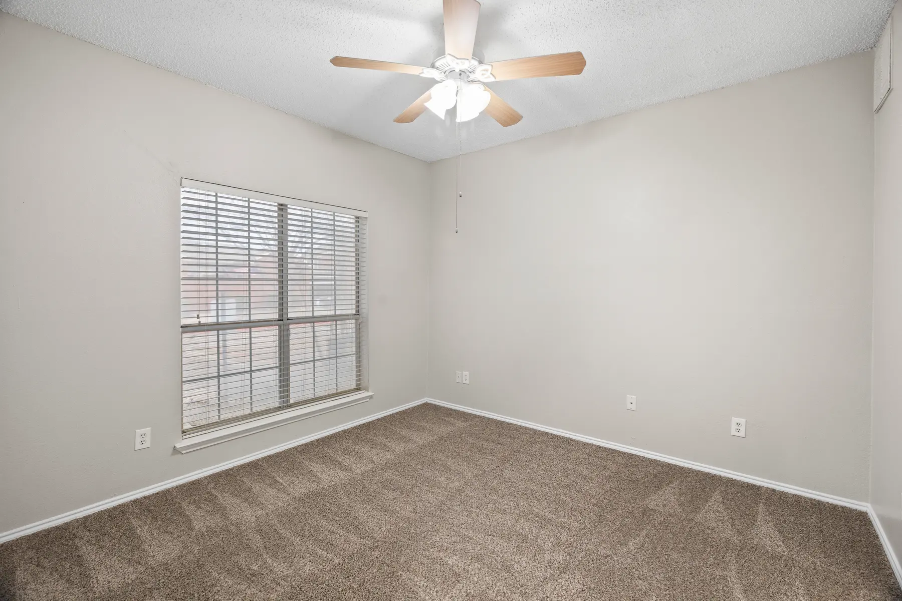 A bright, empty room with carpeted flooring and a ceiling fan. The wall is painted a light color, and there's a window with blinds on one side.