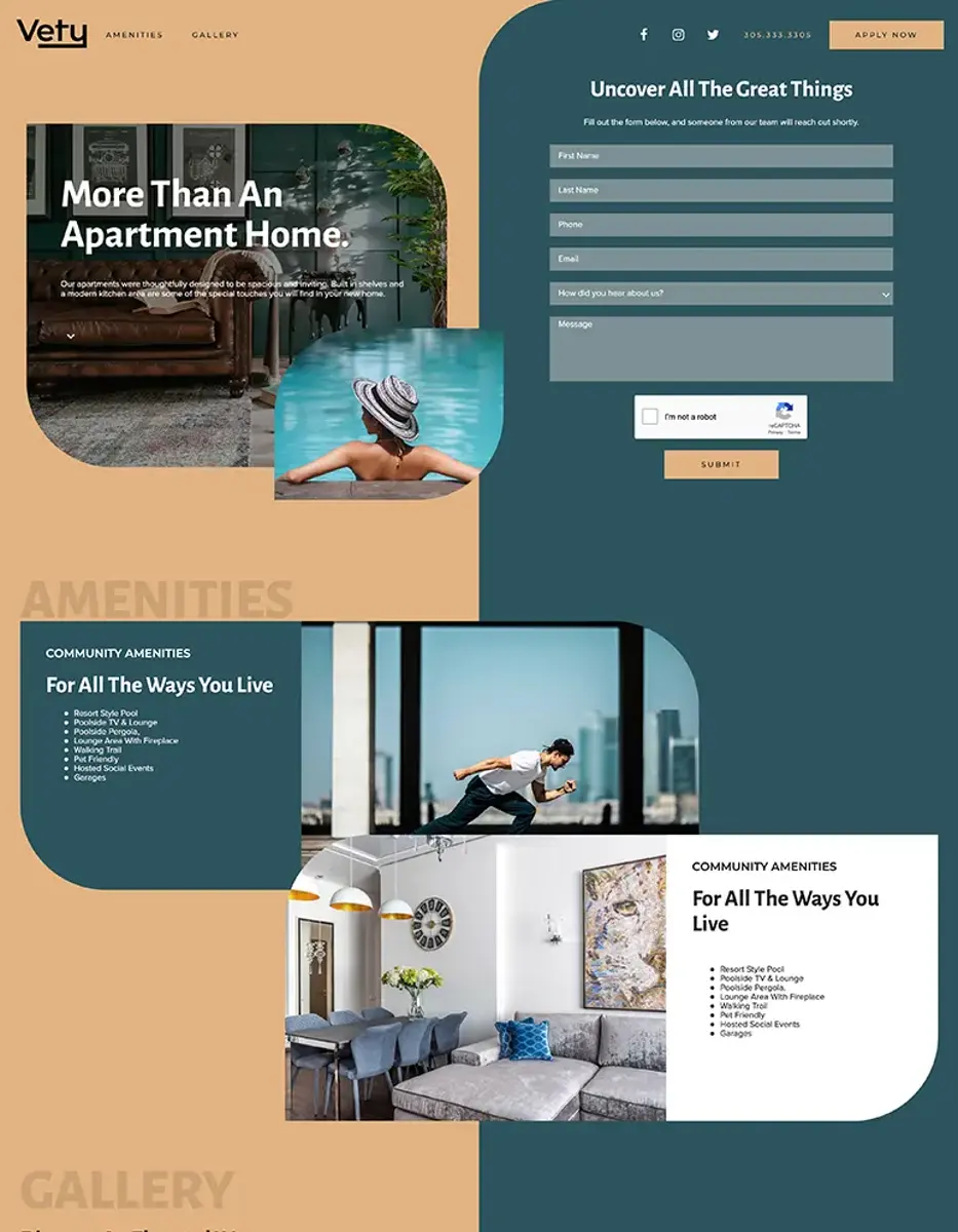 Apartment Complex Website Layout A web page layout for an apartment complex showcasing amenities and a sign-up form. The design features a combination of images and text elements with a modern aesthetic.