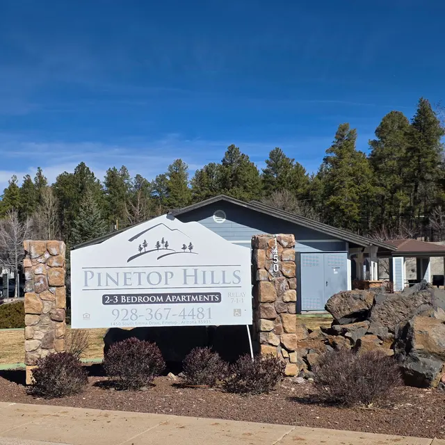 Sign for Pinetop Hills Apartments displaying contact information and details on unit size.