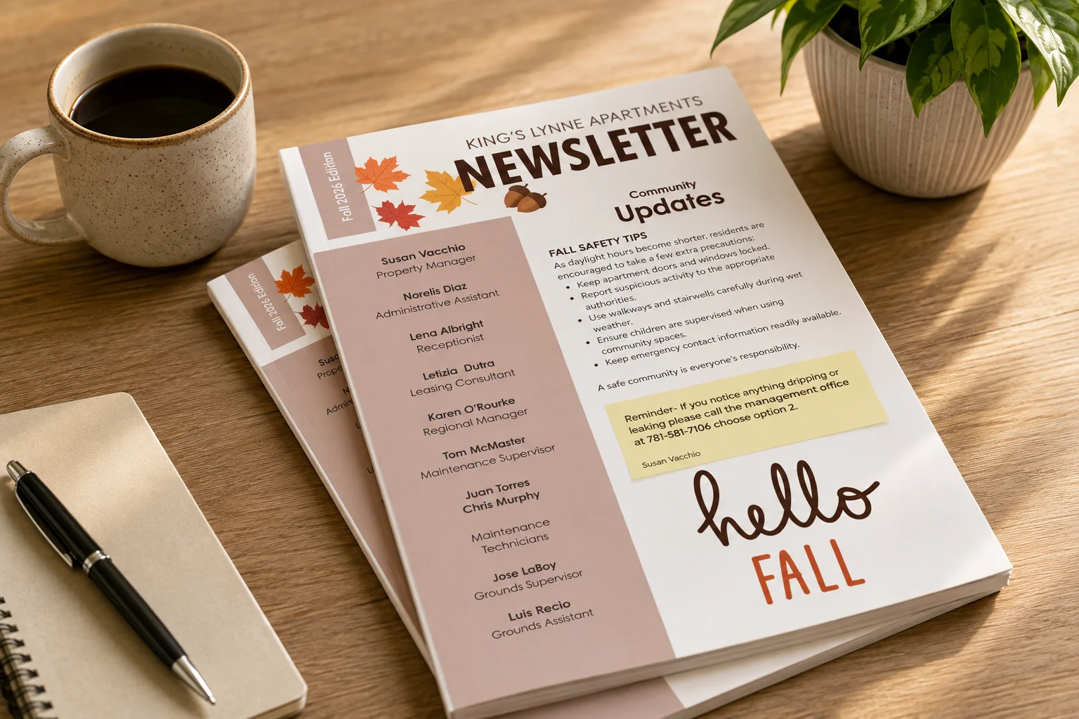 A well-designed newsletter for King's Lynne Apartments featuring community updates and a fall theme. The newsletter is placed on a wooden table next to a coffee mug and a potted plant.
