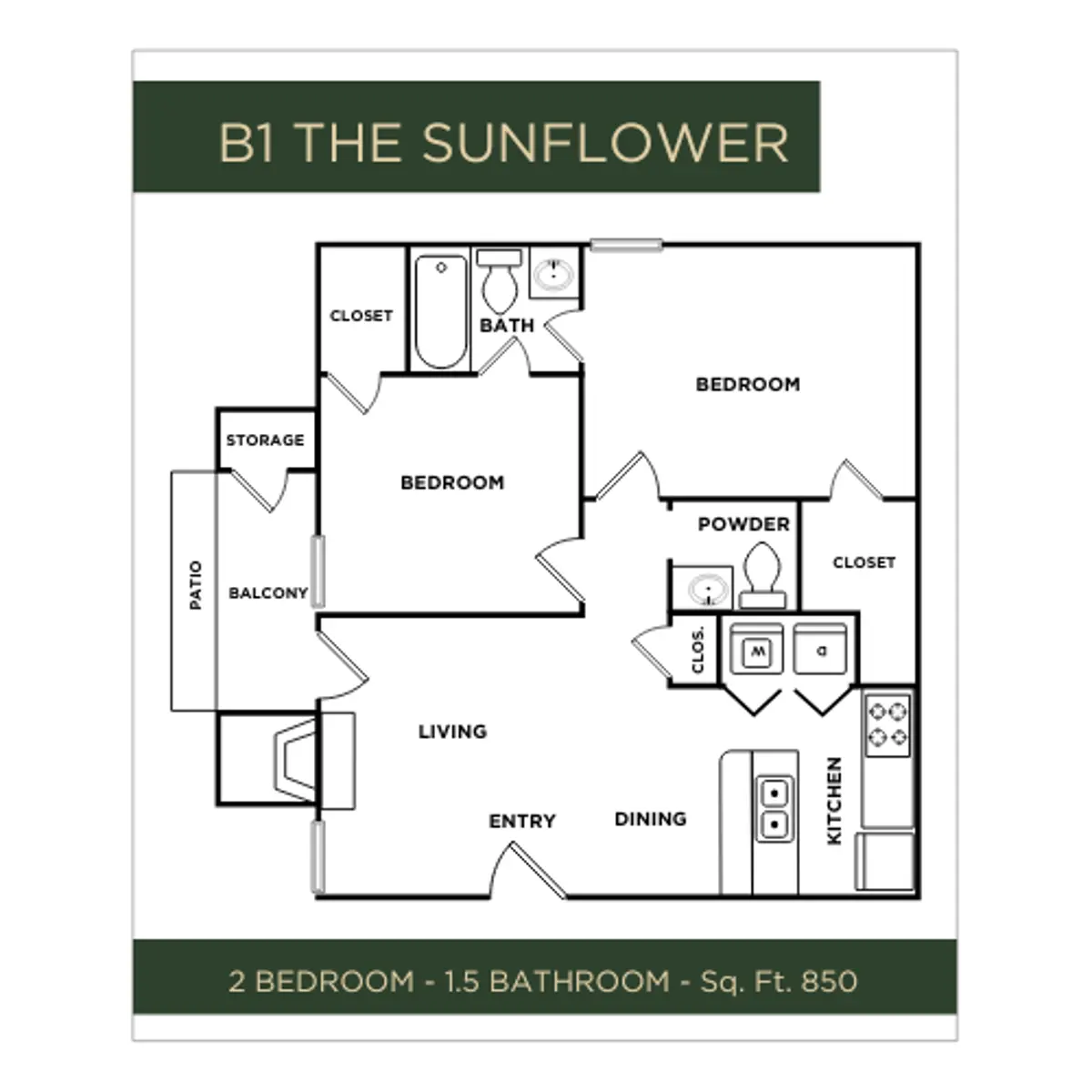 Floor plan for B1 The Sunflower apartment featuring 2 bedrooms and 1.5 bathrooms, with areas for living, dining, kitchen, and storage.