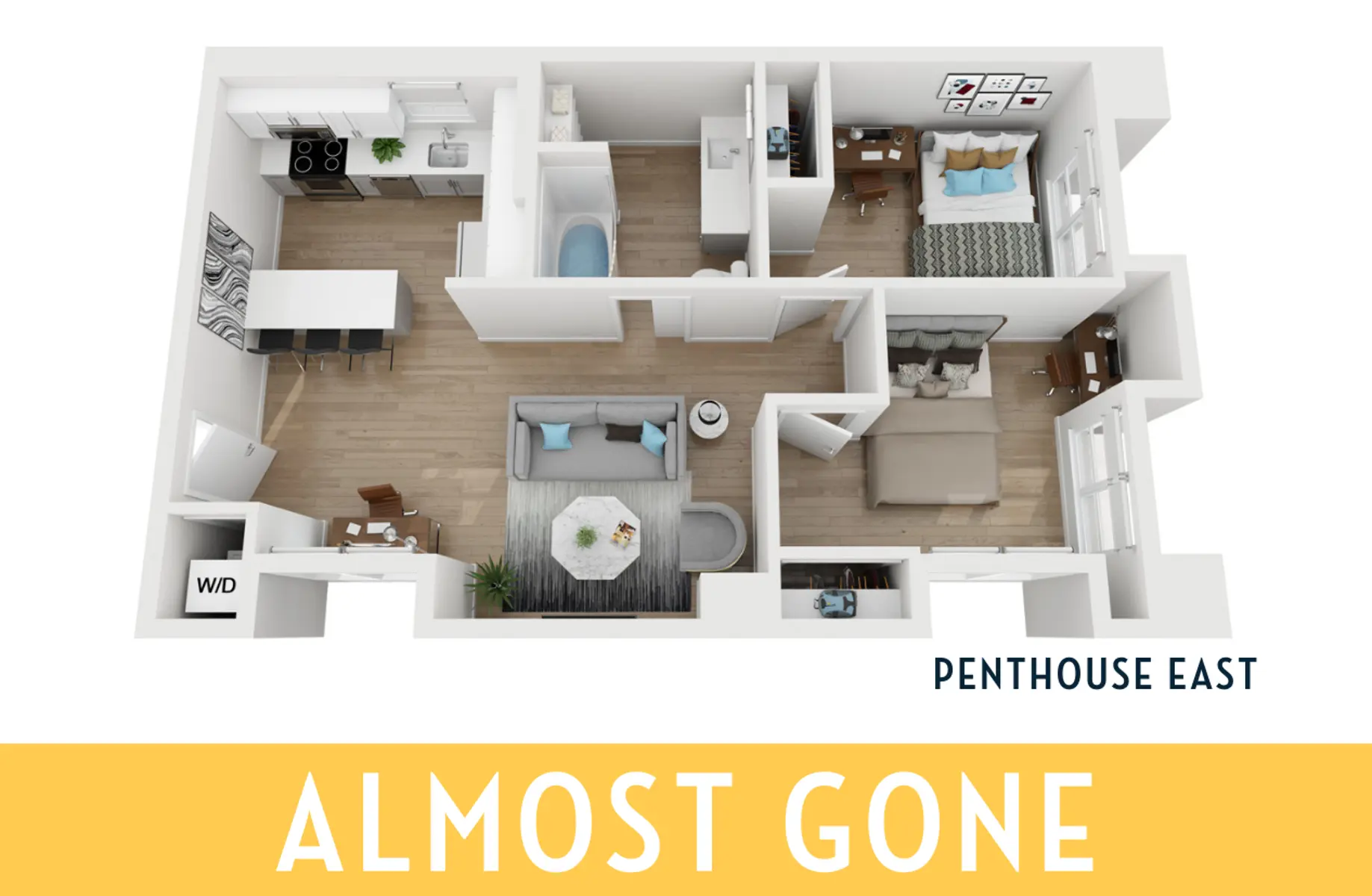A 3D floor plan of a penthouse apartment labeled 'Penthouse East'. It includes a living room, dining area, kitchen, bedroom, and bathrooms. The layout is modern and spacious, featuring various furniture arrangements.