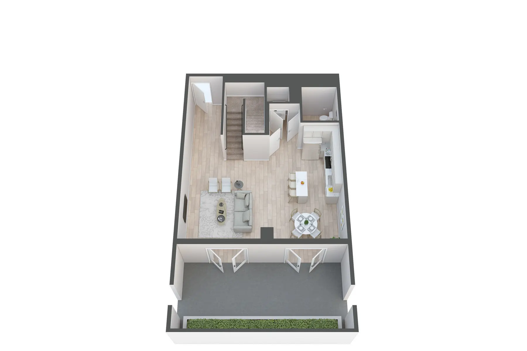Modern Floor Plan Overview A bird's eye view of a modern floor plan featuring an open living area, dining space, and kitchen with stairs leading to the upper floor. There is a patio area at the front with green foliage.